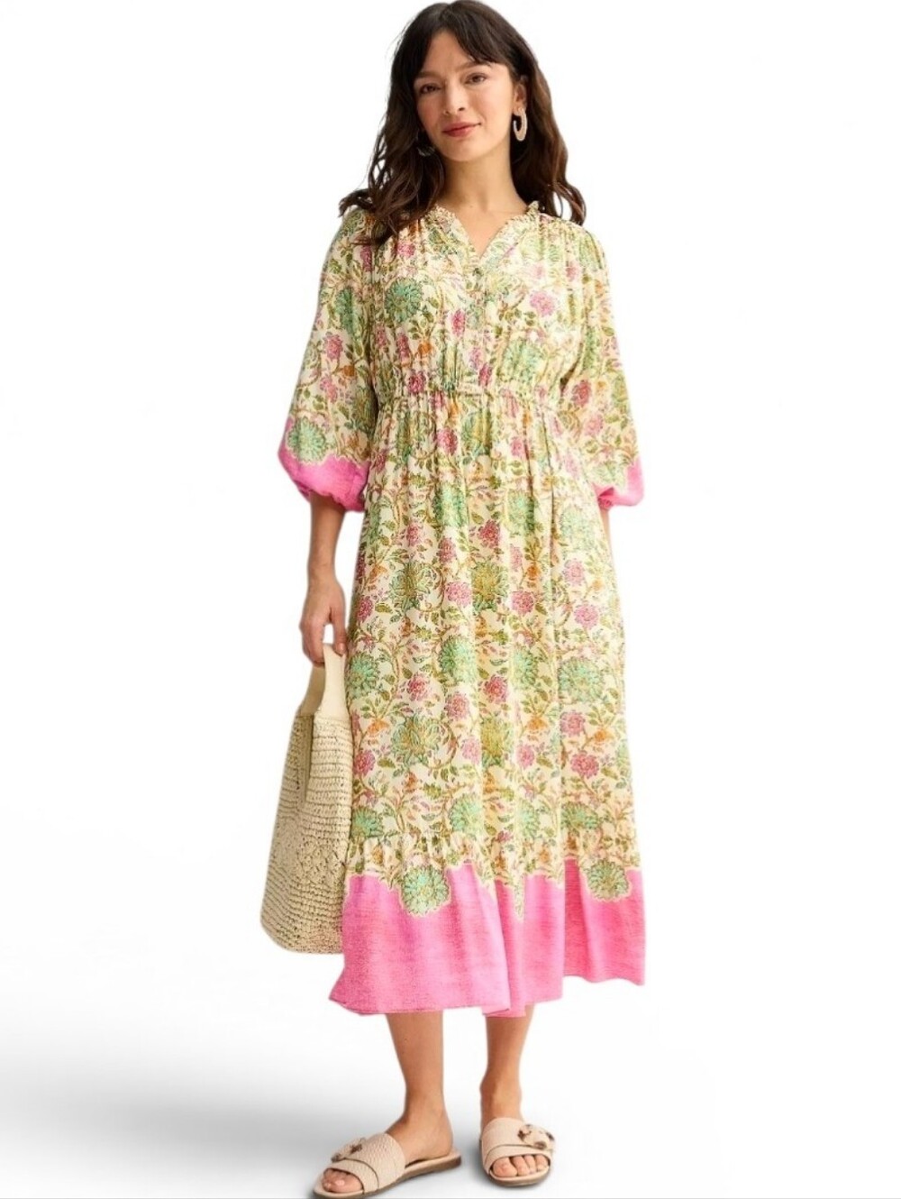 NWOT FARMERS MARKET Boho Button Down Peasant Style Maxi Dtess - Large